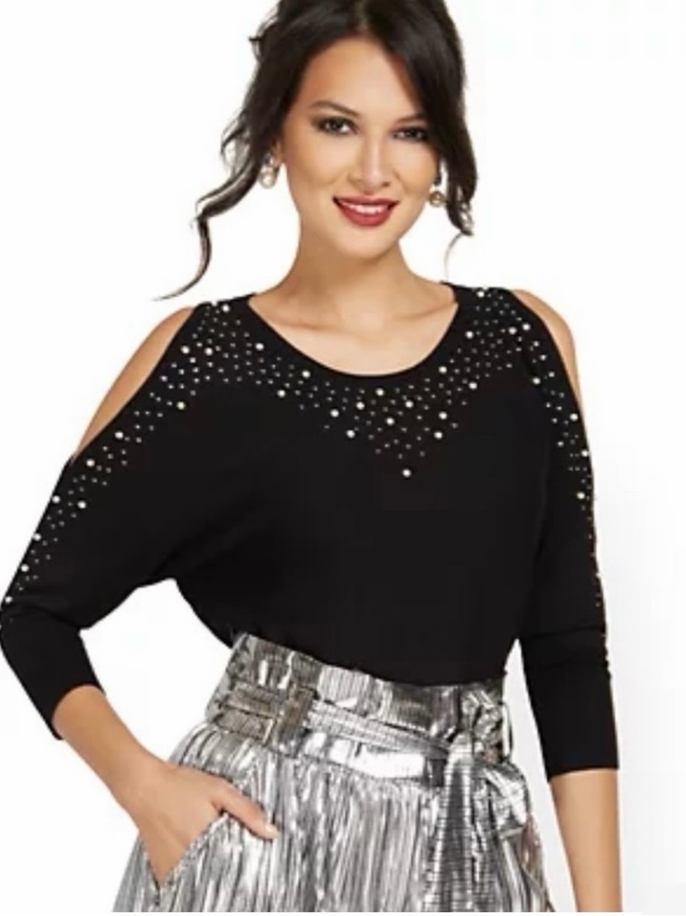 New York & Company Black Cold-Shoulder Studded Sweater